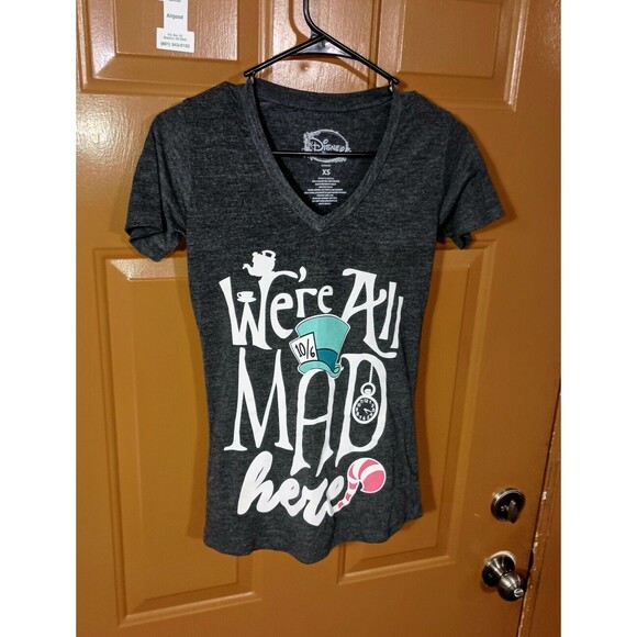 Disney Alice in Wonderland X-Small XS Black “We're All Mad Here” V-neck T-shirt - Picture 10 of 12